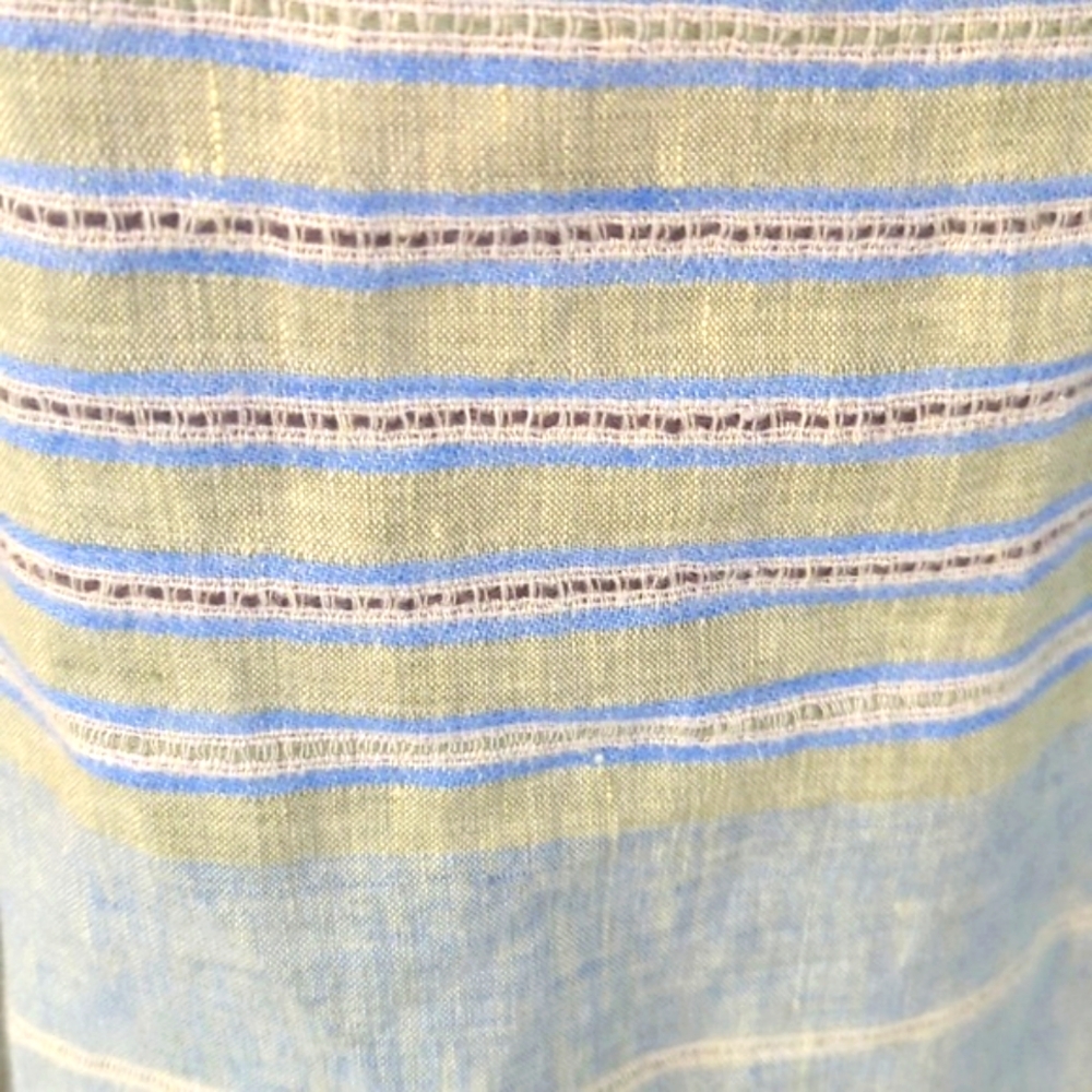 Flax Linen V Neck Striped Green Blue Dress L - Picture 11 of 14